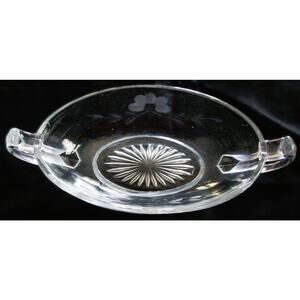 Berry Bowl with Sunburst Design and Flowers Clear Glass Handled Vintage 1950s